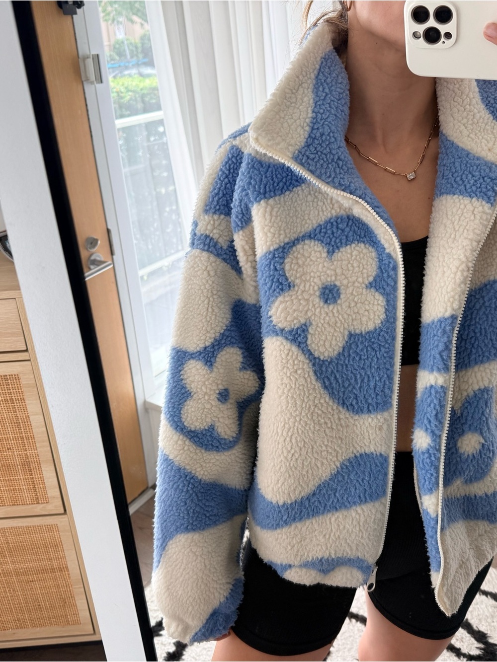 Simons Blue & Cream Floral Teddy Zip Jacket